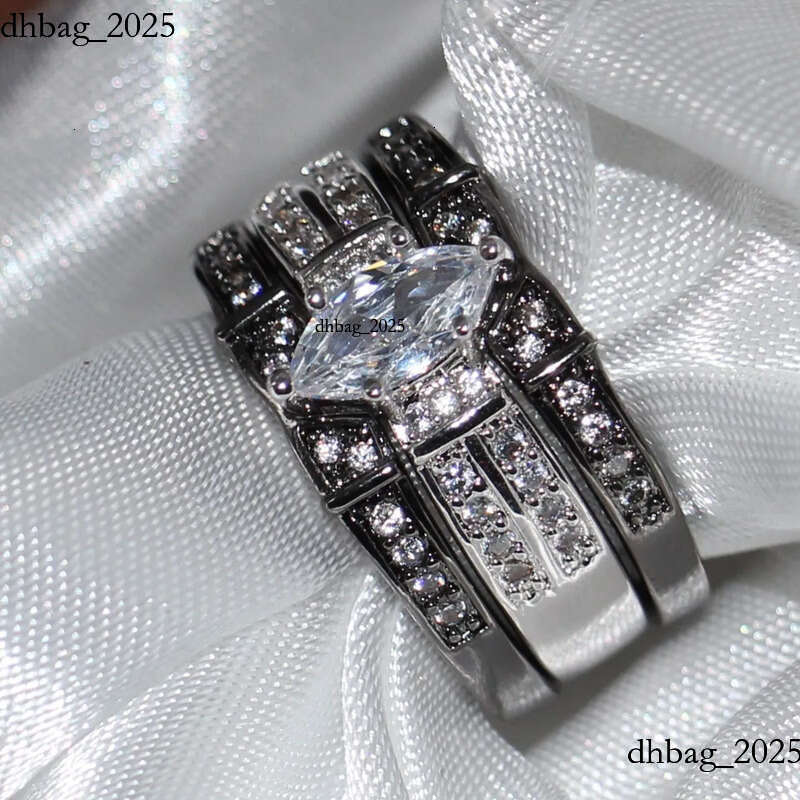 Vintage Fashion Jewelry High Quality 14KT White&Black Gold Filled Marquise CZ Dia Topaz Gemstones 3 IN 1 Wedding Couple Ring Set Gift