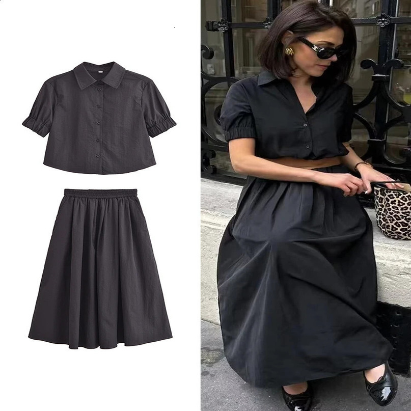 TRAF Women VintageTwo Piece Skirt Set Summer Short Sleeve Shirts Long Casual Matching Suit Outfits 240729