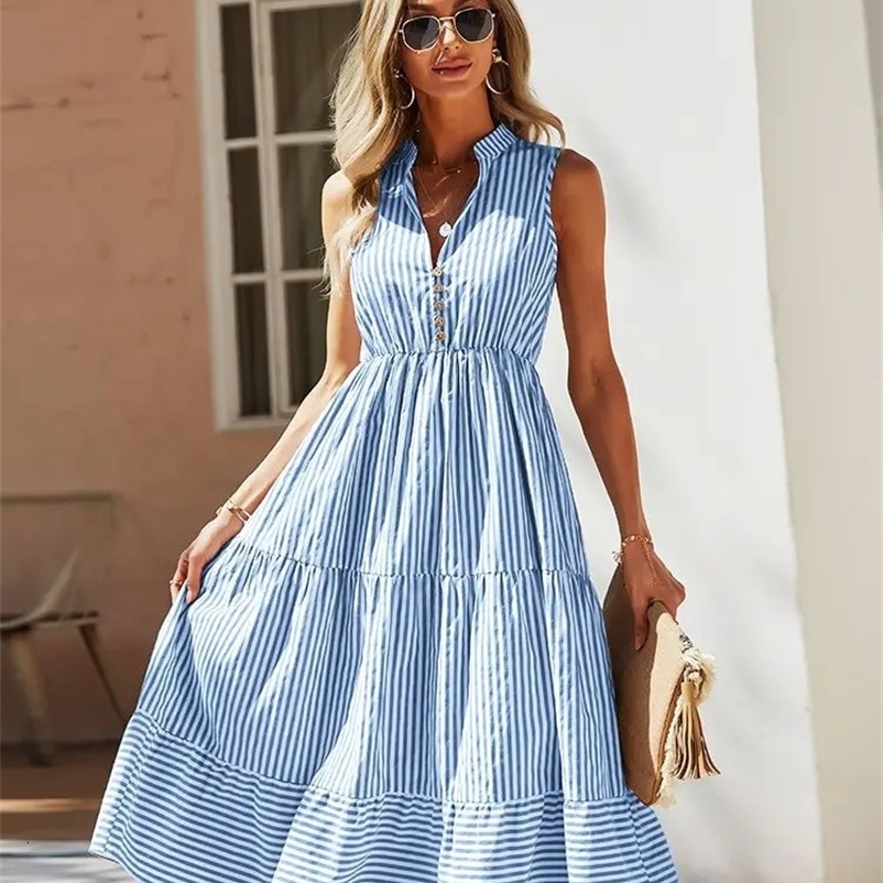 Womens Retro Bohemian Summer Dress Womens Sleeveless Casual Holiday Striped Shirt Womens Sundress Dress Womens Robe Vest 241231
