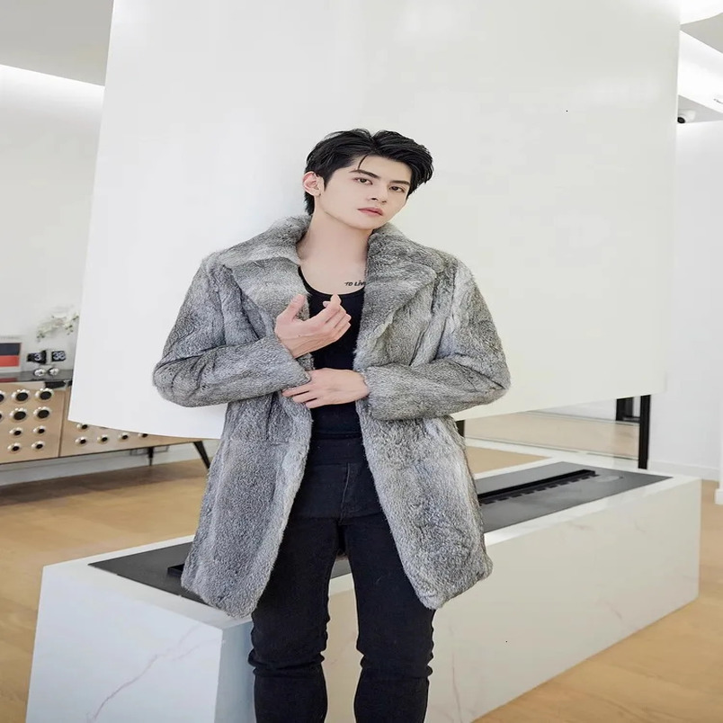 Gennie Natural Rabbit Fur Coat for Men with British Collar Long Fashion Jacket for Warmth Customized in Winter Any Size 241113