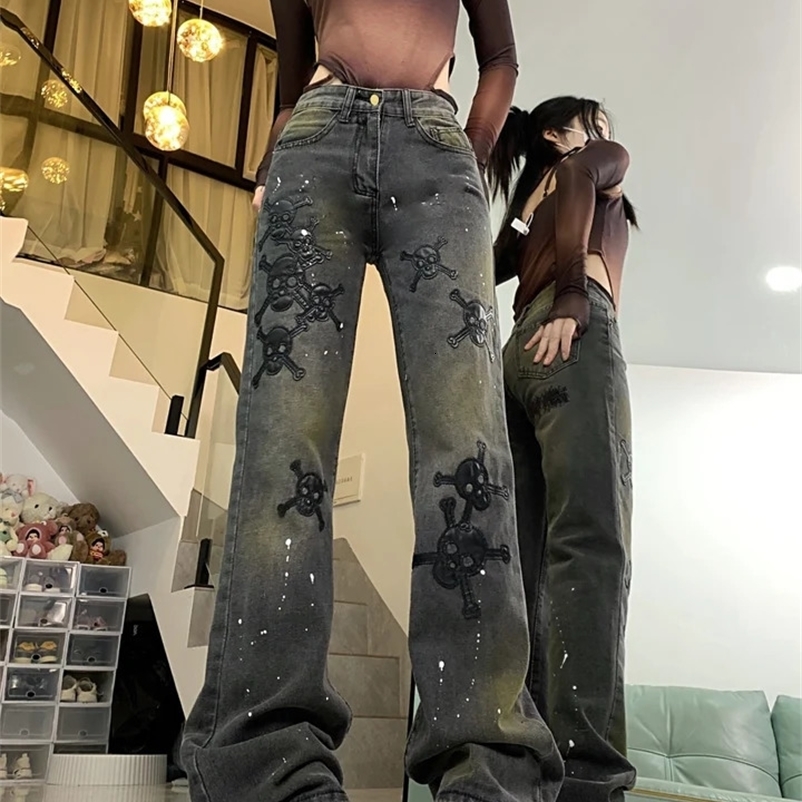 Embroidery Skulls Pants for Women American Y2K Streetwear Jeans Women Fashion Vintage Trendy Jeans 240717