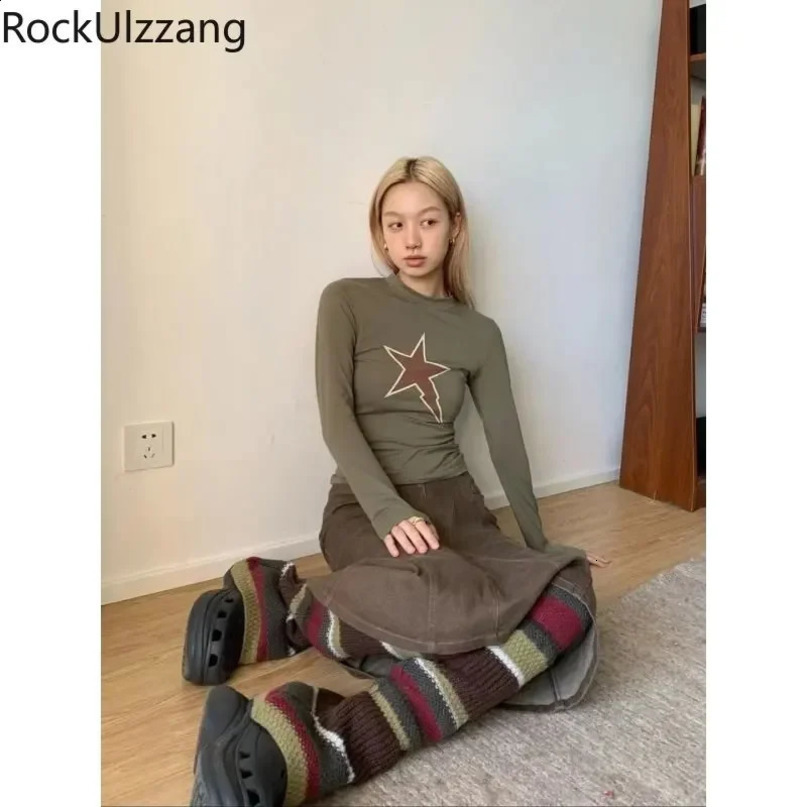 Long Sleeve Graphic Star Printed TShirt Camo Green T Shirt Women Elegant Fall sexy grunge gothic harajuku aesthetic y2k clothes 240729