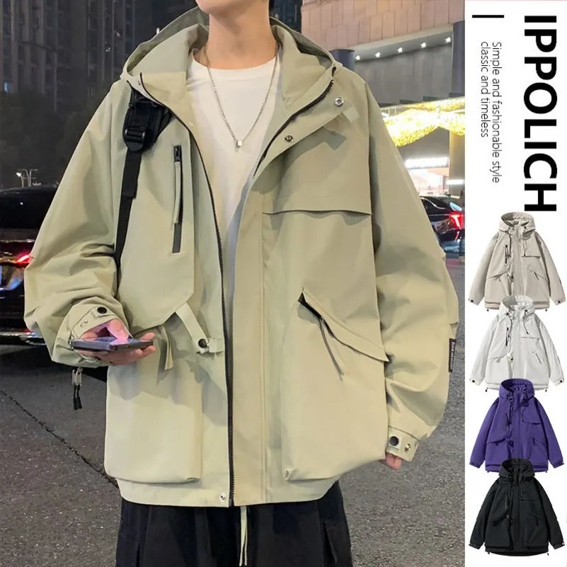Fashionable mens casual windproof jacket hooded jacket high street outdoor mens waterproof multi bag cargo jacket 250415