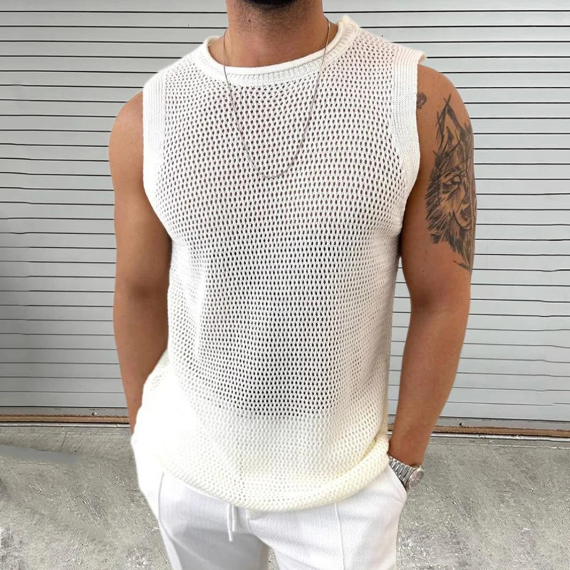 Knitwear Mens Casual Tank Tops Pure Color Hollow Out Vintage Men Knit Camisole Sleeveless O Neck Leisure T Shirt Male Streetwear 240430