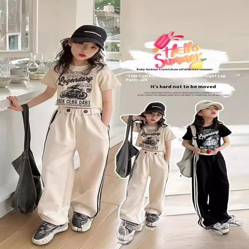 Girls summer casual suit childrens fashionable T-shirt casual pants summer dress foreign short-sleeved two-piece set 250613