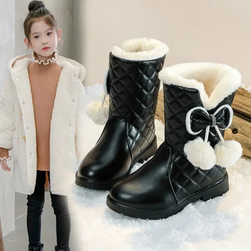 Girls Warm Boots with Bow Kids Snow Boots with Fur Plush Winter Fashion Children Princess Boots Waterproof Platform 241219