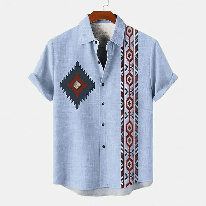 Vintage Mens Shirt Ethnic Pattern Printed Short Sleeve Lapel Shirt Summer Fashion Casual Street Mens Lapel Top Large Size Comf 250603