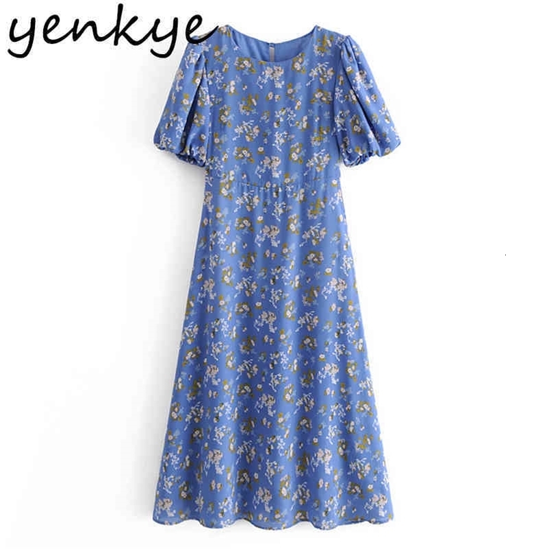 YENKYE Vintage Prairie Chic Floral Print Dress Women O Neck Short Sleeve A-line Holiday Long Dress Female Summer Chiffon Robe 210515
