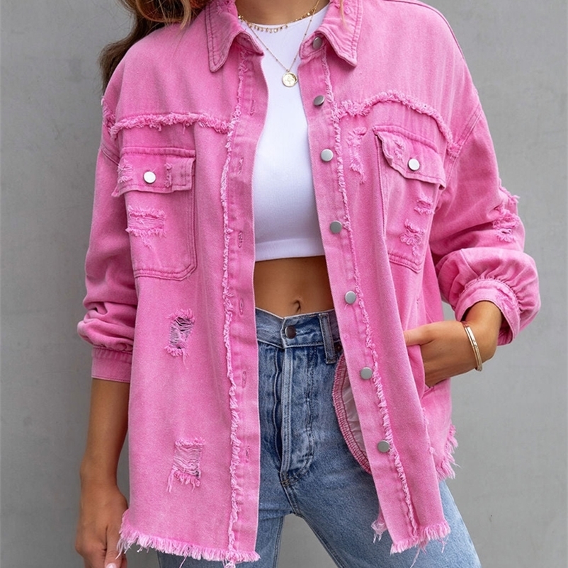 Women's Jackets Women Ripped Denim Jacket Spring Casual Distressed Jean Long Sleeve Tops with Pockets Ladies Tassels Solid Coat Loose Outwear 230