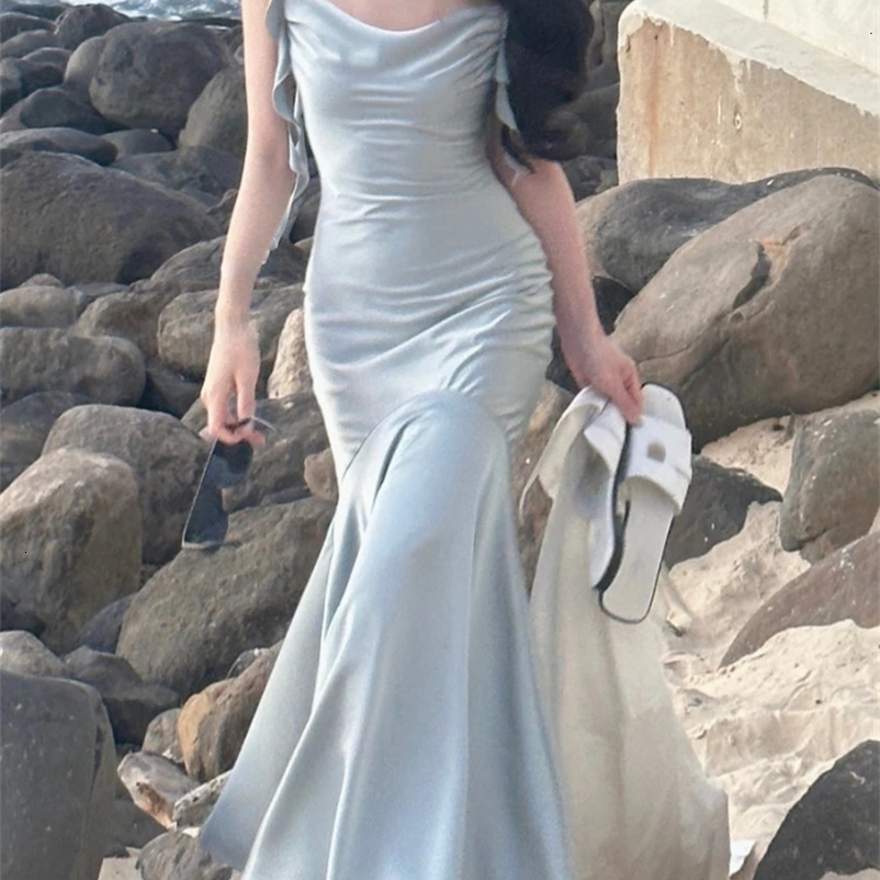 Summer Elegant Satin Strap Midi Dress Women Vintage Casual Even Party Dress Pure Color One Piece Dress Korean Fashion Chic 240319