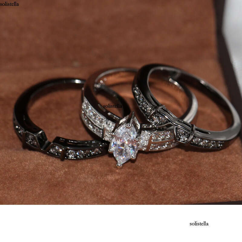 Vintage Fashion Jewelry High Quality 14KT White&Black Gold Filled Marquise CZ Dia Topaz Gemstones 3 IN 1 Wedding Couple Ring Set Gift