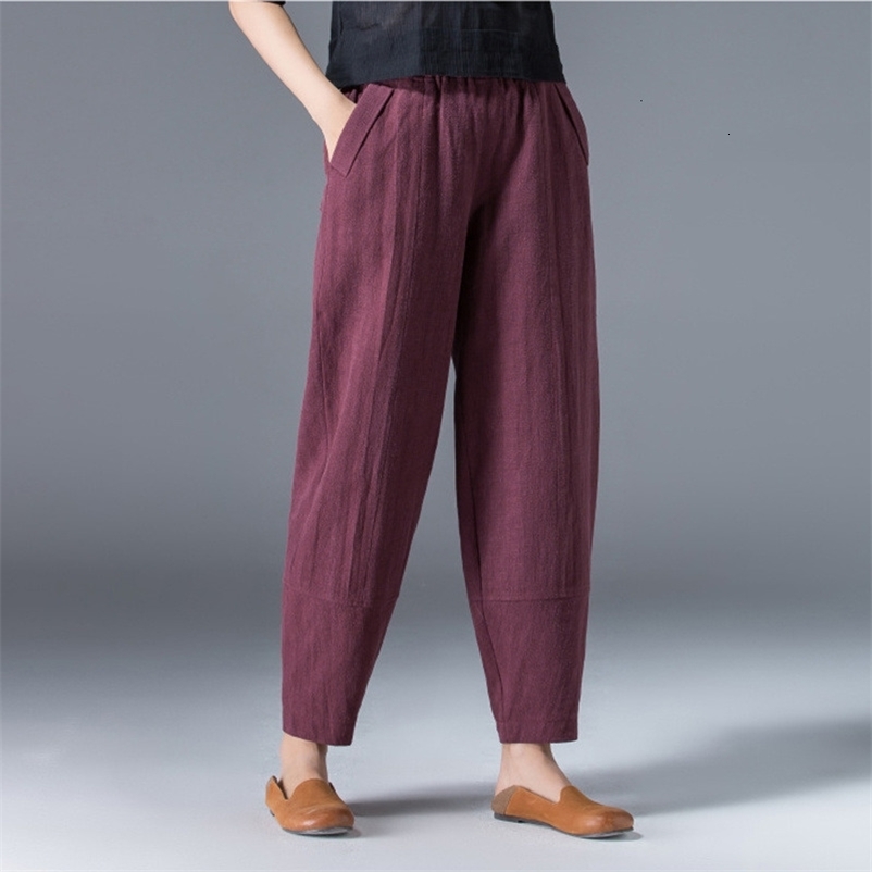 Women's Pants Capris Women's Wide Trousers Vintage Elastic Waist Pocket Cotton Linen Harem Pants Capris Summer Loose Soild Linens Pants for 