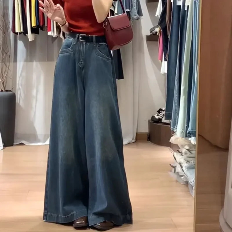 Womens high waisted retro straight leg denim mens loose and loose wide leg pull pants fashion version 250321