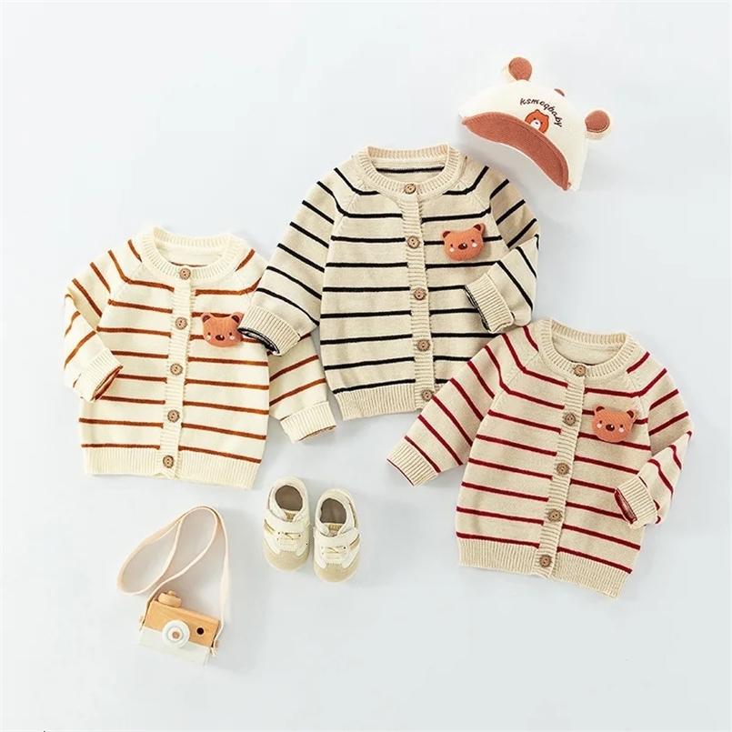 Spring Autumn 0-3 Years Baby Boys Sweater Striped 3D Bear Single Breasted born Boys Knitwear Elastic Hem Infant Boys Knitwear 250219