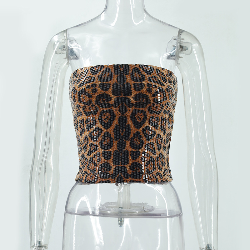 2025 New Style Women's Sexy Nightclub Leopard Print Sequin Tube Top Slim Fit Inner Vest