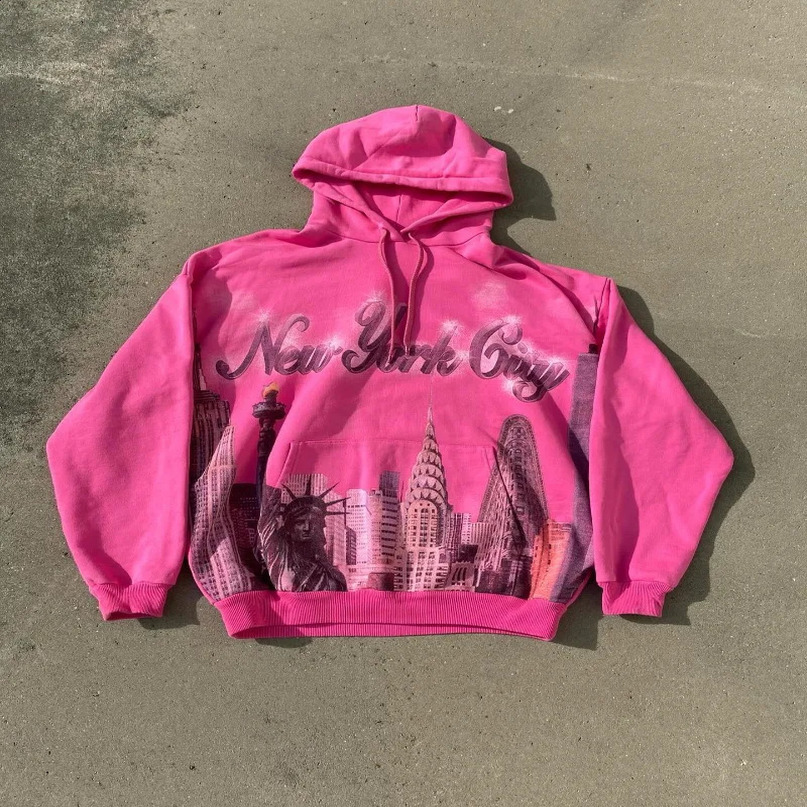 Statue of Liberty lettering print pink oversized hoodie for women 240809