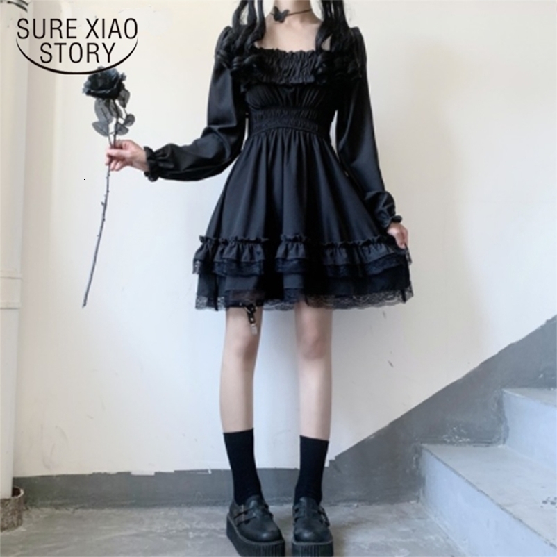 Japanese Lolita Style Princess Black Mini Dress Square Collar High Waist Gothic Dress Puff Sleeve Lace Ruffles Party Dress 13242 210519