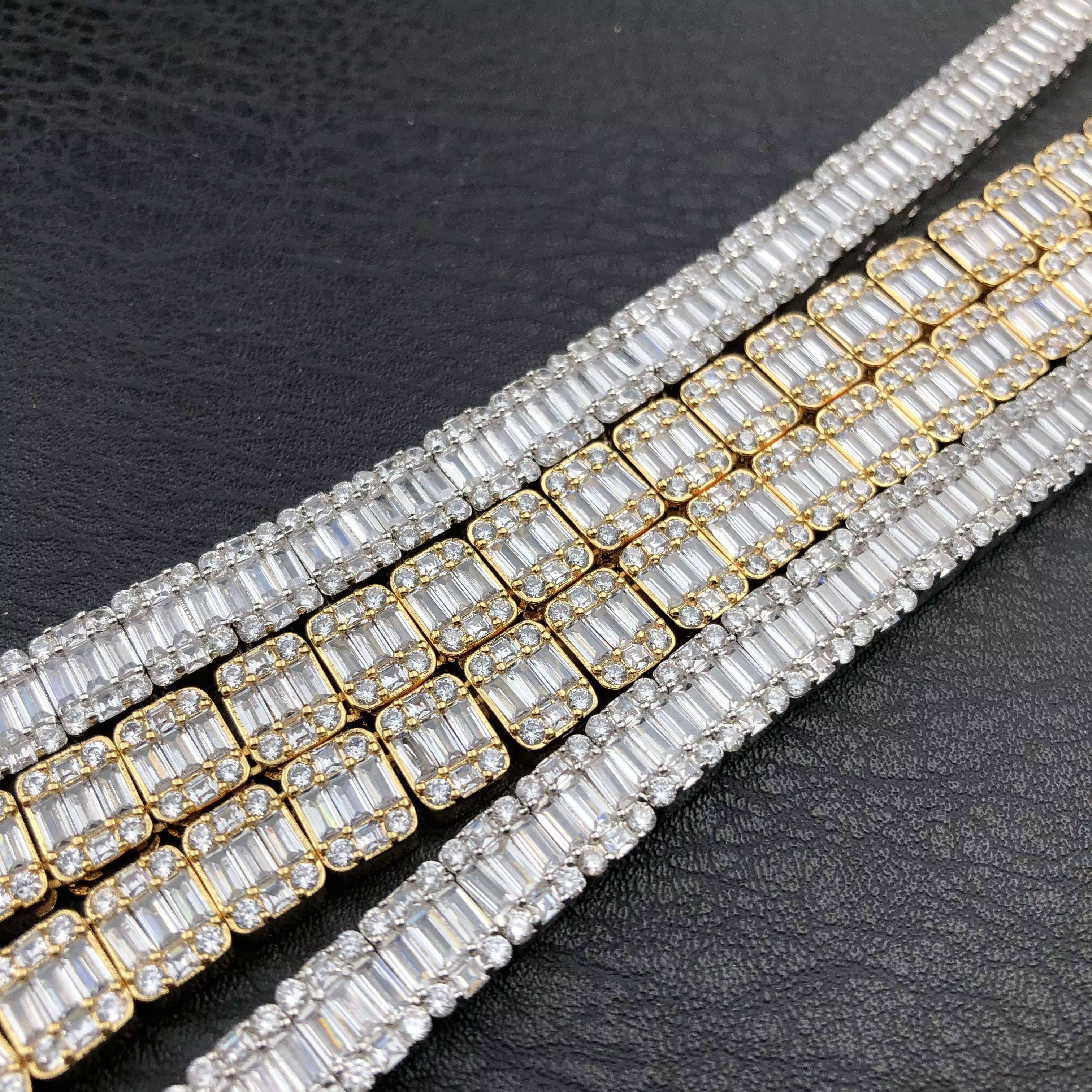 8mm Square Baguette Tennis Chain in Yellow Gold and White Gold