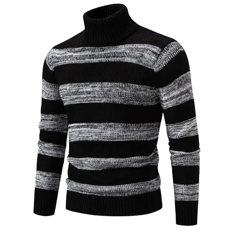 Mens black and white horizontal striped turtle neck fashionable long sleeved sweater 241009