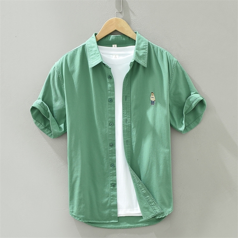 Men's Casual Shirts Green Short Sleeve Shirts for Men Casual Turn-down Collar Tops Man Summer New Fashion Cartoon Pattern Embroidery Clothing 230