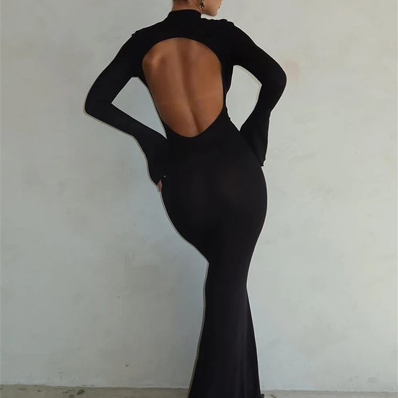 Autumn Winter Backless Sexy Party Club Black Bodycon Maxi Dress Womens Long Sleeve Y2K Dress Vestido Streetwear Style 250226