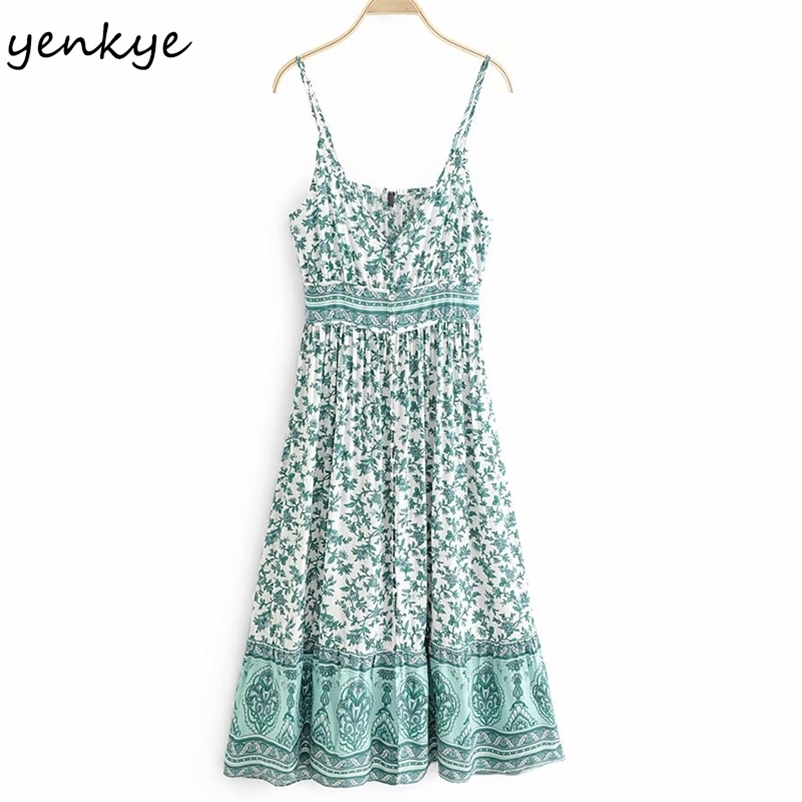 YENKYE Floral Print Holiday Sexy Sling Dress Women V Neck Sleeveless A-line Casual Long Dress Female Summer Boho Beach Robe 210515