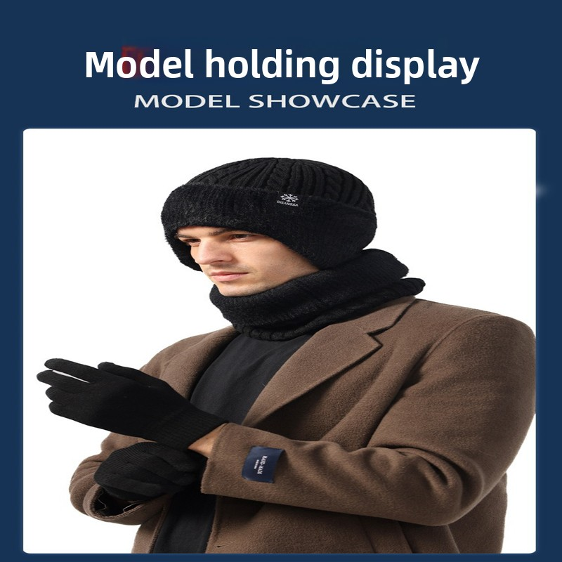 Men's Winter Thickened Ear-Warming 3-Piece Set: Knit Hat, Scarf Gloves Cold-Resistant Warm Knit Headwear for Cycling + Outdoor Performance Headge