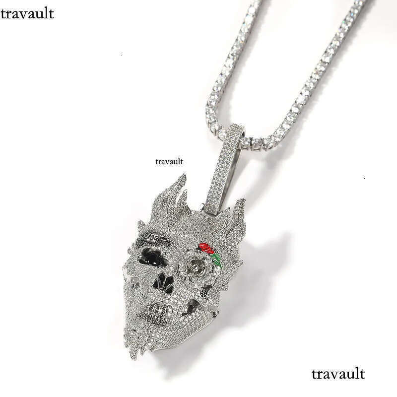 Iced Out Rose Skull Pendant Necklaces Mens Gold Necklace Fashion Punk Hip Hop Jewelry