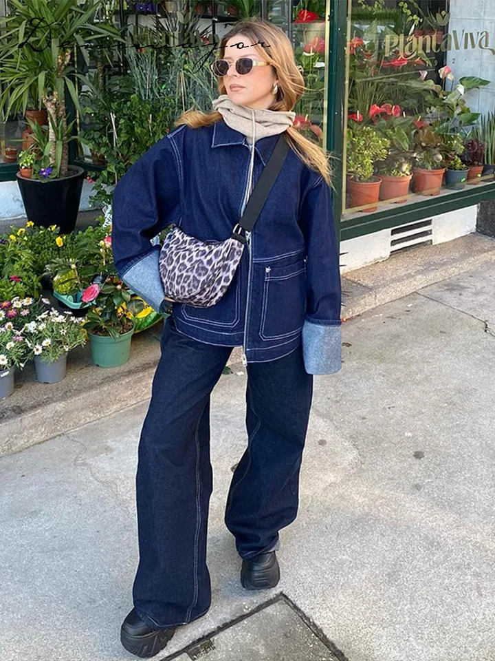 Patchwork Denim Jackets Pants Sets Women Baggy Lapel Zipper Pocket Top Straight Leg Pants 2025 Spring Casual Street Female Suits 250916Z