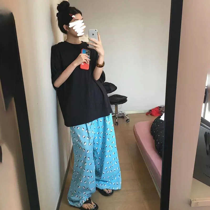 Sanrio Sanrios Hello Kittys Pajamas Pants Girls Cartoon Kt Cat Printing Wide Leg Floor Pants Summer Home Trousers Leisure Straight Pant L250925