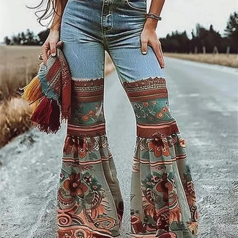 Female Vintage Floral Printed Patchwork Jeans Women High Waist Slim Fit Casual High Street Flared Pants Trousers 250425
