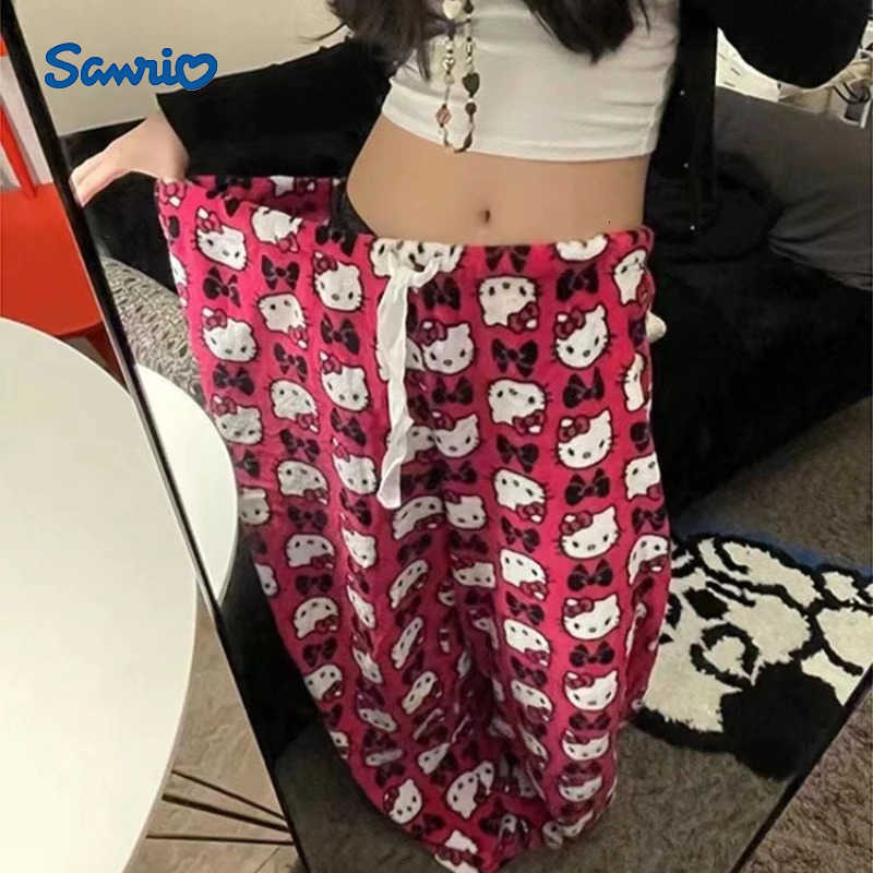 Sanrio Hello Kitty Cartoon Printing Wide Leg Pants Loose Hello Kitty Pajamas Elastic Waist Straight Casual Pants Girls Gifts L250925