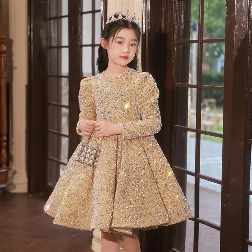 Girls Spring/Autumn and Winter Birthday Party Sequined Western Style Host Evening Dress Catwalk Piano Performance Princess 250107