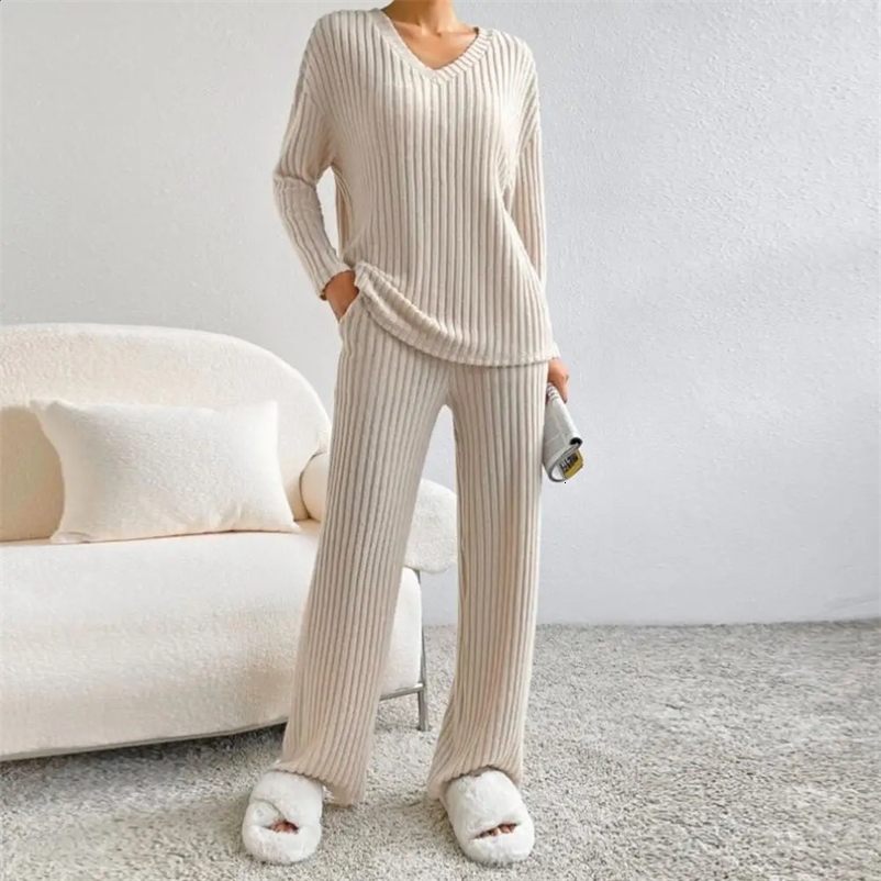 Autumn Winter V-neck Long Sleeve Side Slit Pullover Sweaterhigh Waist Wide Leg Pants Two Piece Set Women Casual Tracksuit 240809