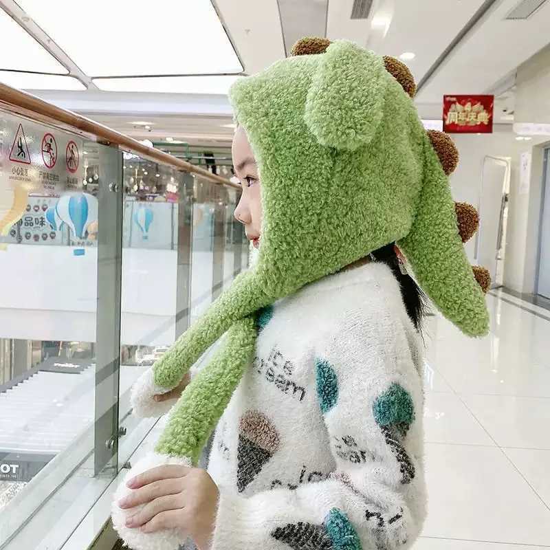 Winter Kids Plush Scarf Hat With Movable Ears Cute Dinosaur Thermal Headgear Windproof Warm Children Ear Protection Cap 26Year L250925QO67