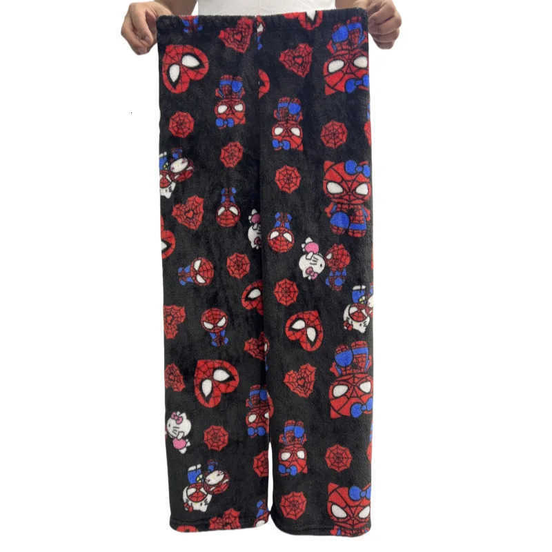 Sanrio 2024 New Y2K Hello Kitty SpiderMan Pajamas Pants Trousers Anime Cartoon Men and Women Flannel Loose Warm Home Pants L250925