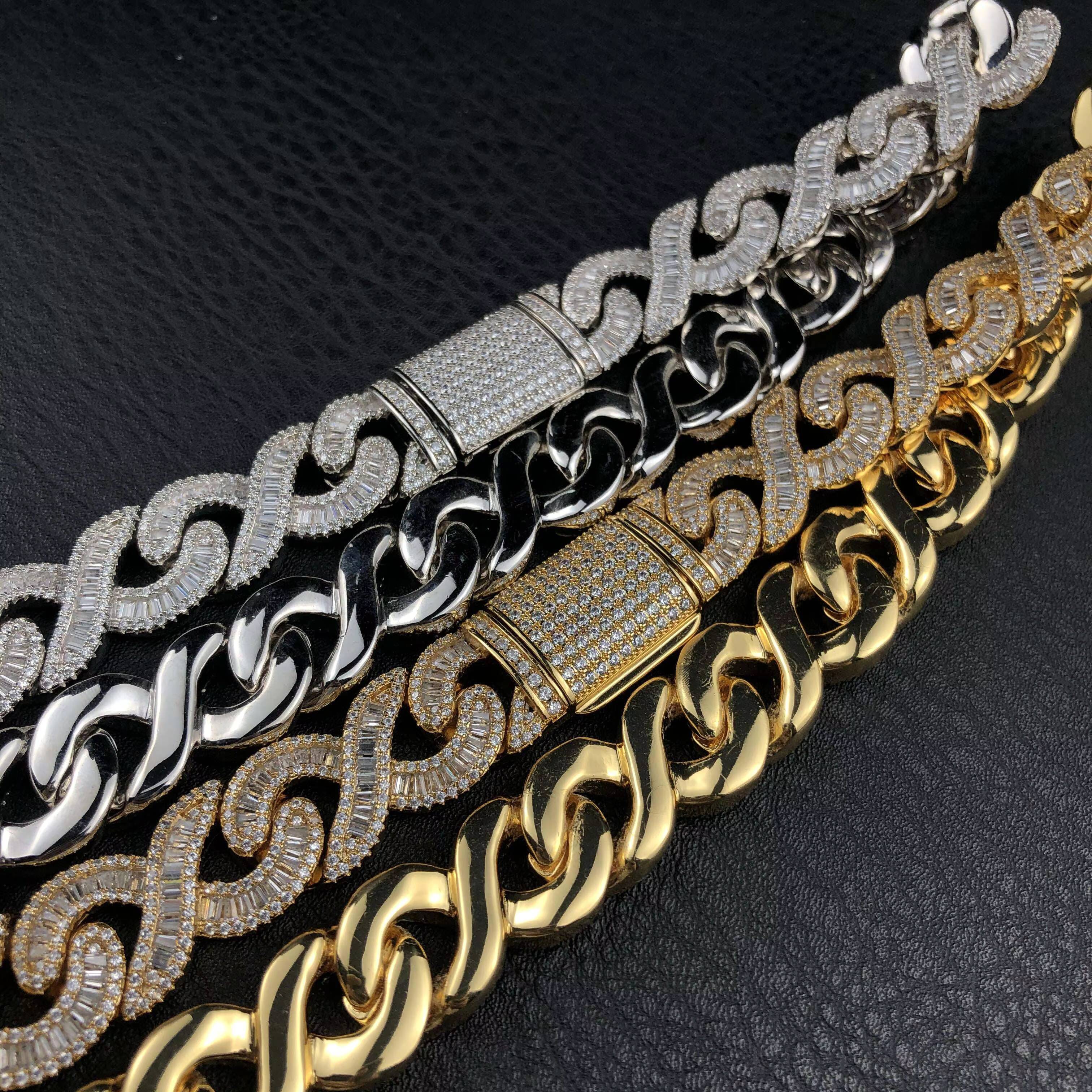 YSS Jewelry Mens 15mm Gold AAA Baguette Micro Pave Infinity Link Flooded Ice Bling Chain