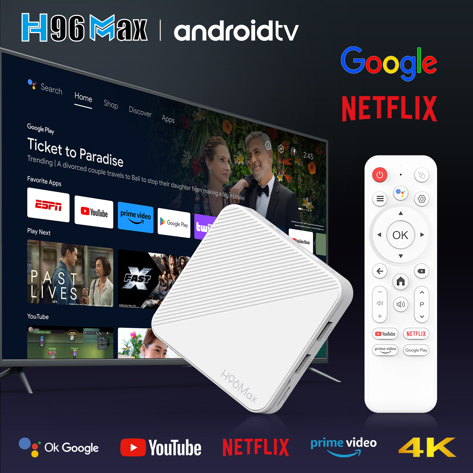 4K Android 14.0 TV Box, H96 MAX-2 Quad Core 8/16GB ROM 2GB RAM with BT5.0 WiFi6 H313, Fast Streaming Media Player for HD Video & Games - KOWANKIT