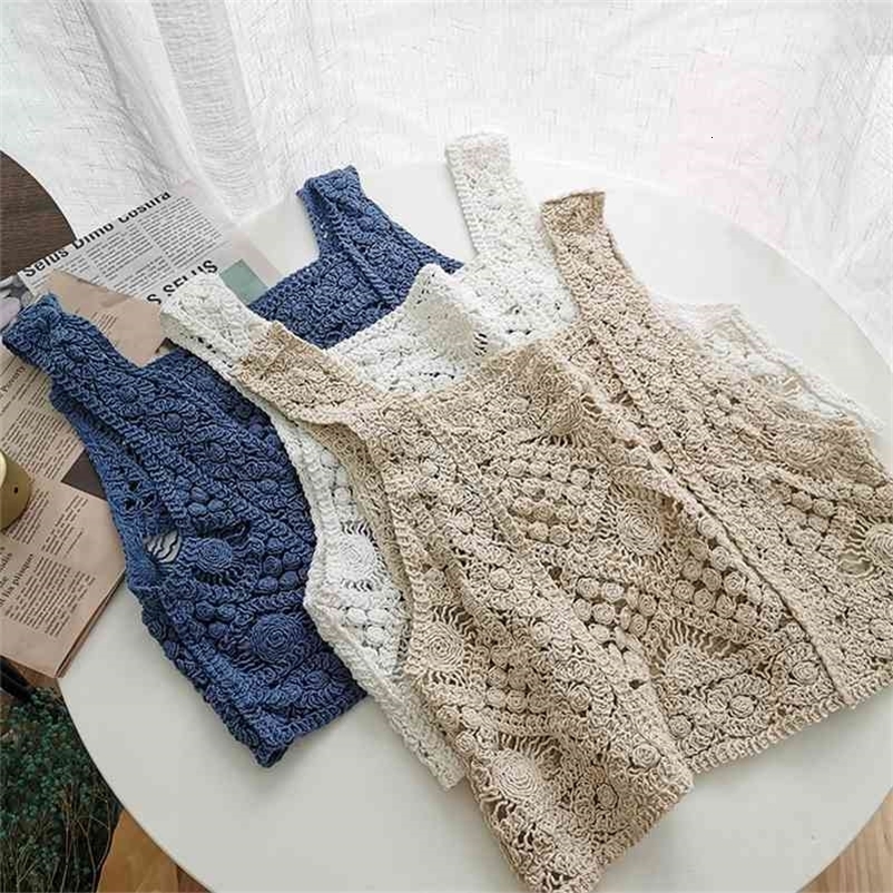 Summer Lace Hollow Out Crop Top Slim Korean Fashion Holiday Sexy Beach Tank W812 210625