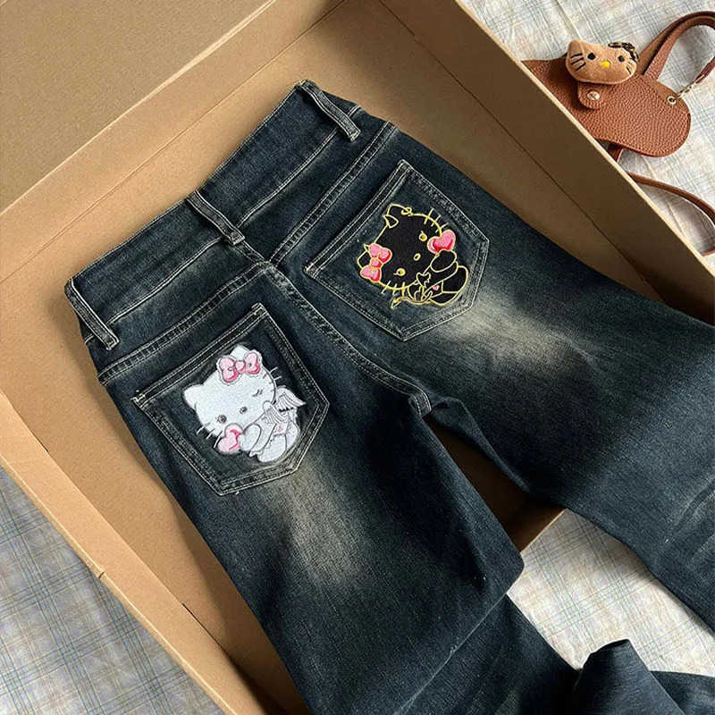 Sanrio Hello Kittys Jeans Cartoon Embroidery Denim Women Y2K High Waist Wide Legs American Retro Pant Casual Streetwear Trousers L250925