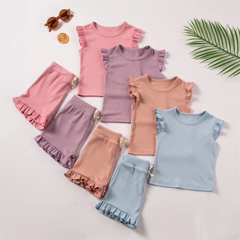 2 Piece Summer Suit for Preschool Girls Solid Color Casual Short Sleeve Shorts for Girls Comfortable and Soft Clothes 250328
