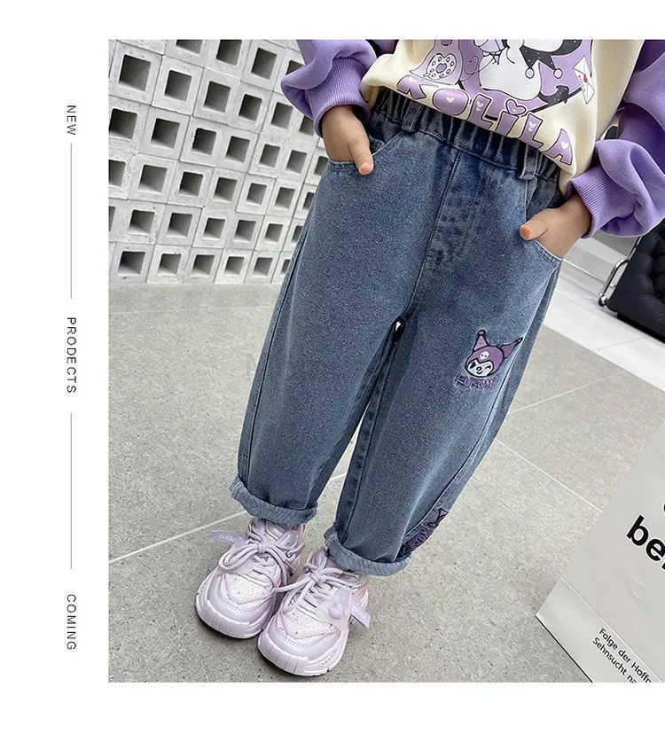 Sanrio New Jeans Korean Cartoon Kawaii Kuromi Childrens Embroidered Versatile Pants Cute Girls Spring and Autumn Pants L250925