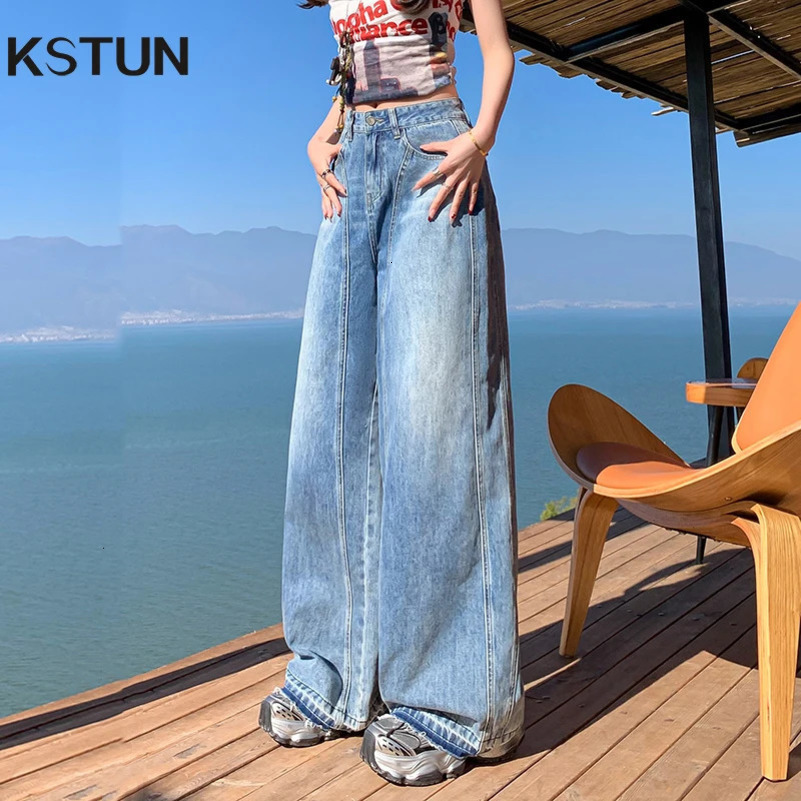 KSTUN Summer Womens Pocket Jeans Wide Leg Jeans Blue Loose High Waist Womens Jeans 250415