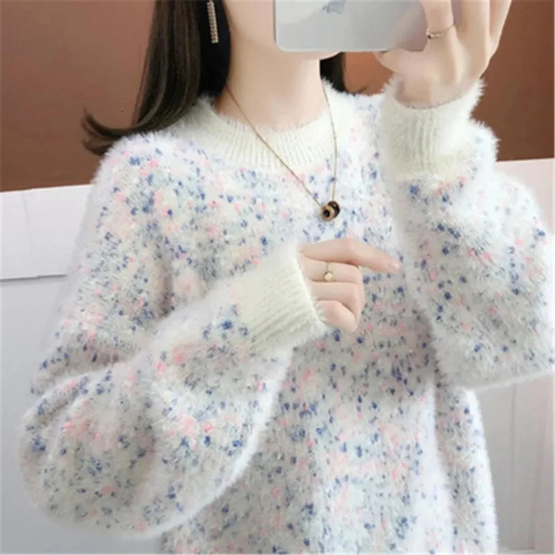 Korean womens floral womens autumn and winter sweater s mink velvet long sleeved casual bottom sweater 241113