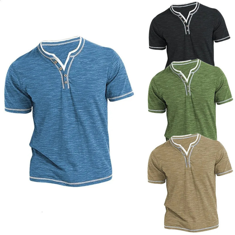 cotton small V-neck short sleeved T-shirt for mens casual Henley collar casual slim fit elastic top T-shirt 250427
