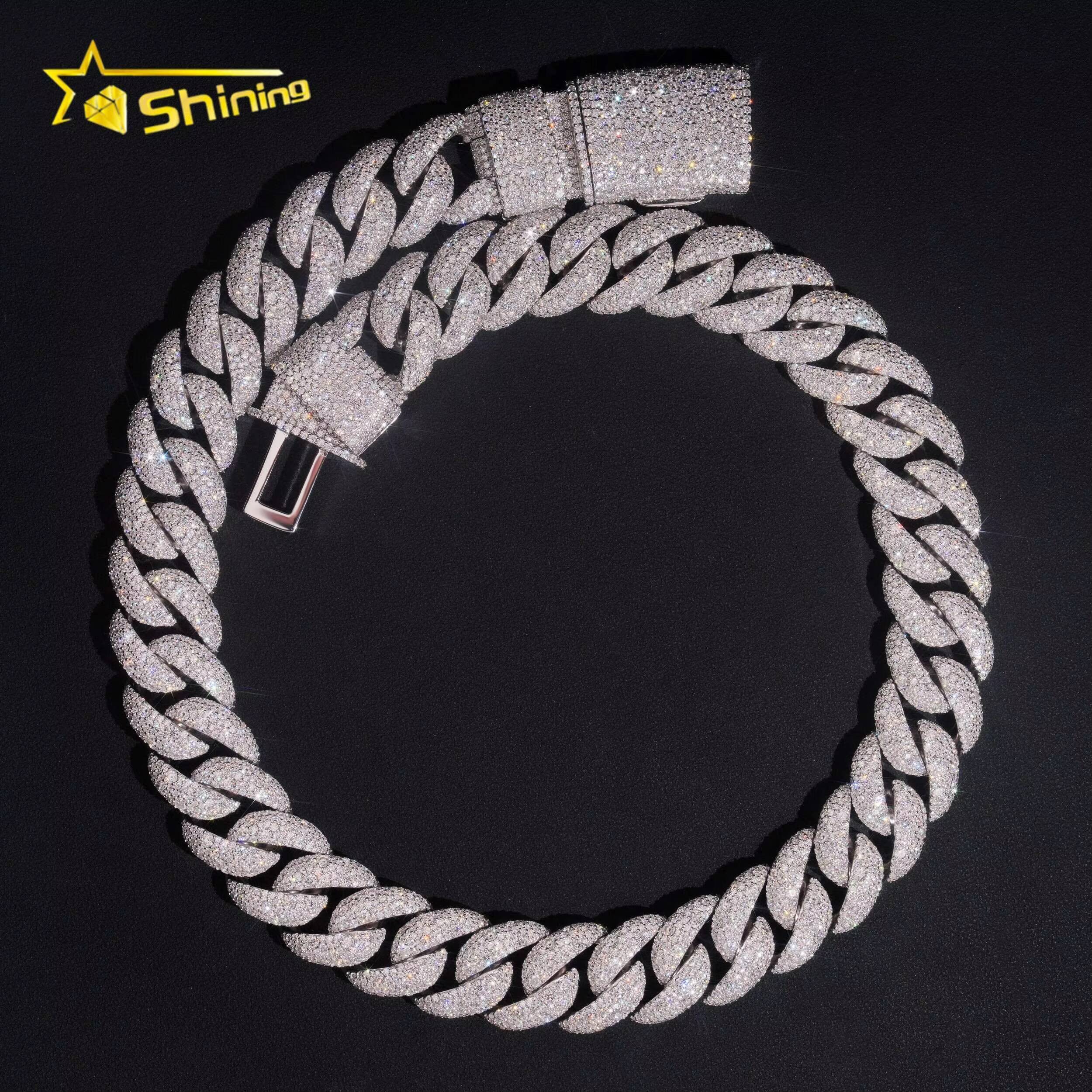 20mm Big Heavy Cuban Chian Vvs Moissnaite Iced Out Hip Hop Jewelry Sterling Silver 925 White Gold Plated Mens Necklace