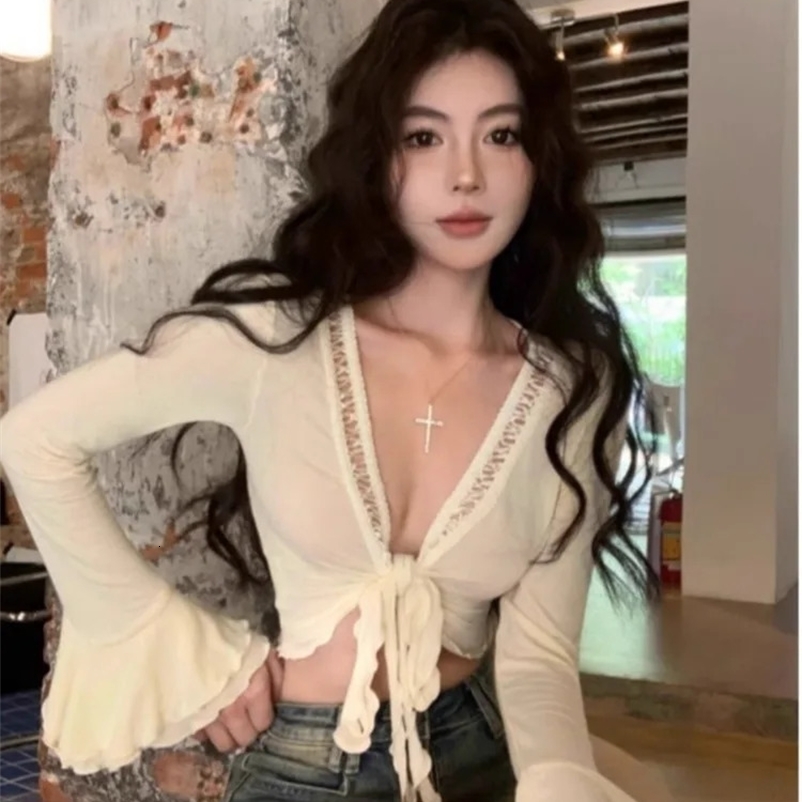 Deep V-neck Flare Sleeve Blouse Womens Clothing Bandage Tunic Sexy Crop Tops Camisas De Mujer Fashion Sweet Summer Shirts 250516