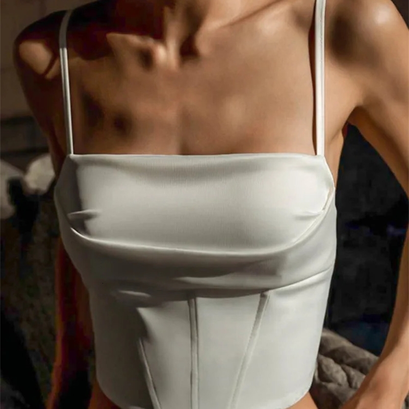 Italian spaghetti shoulder strap vest sexy backless bandage tight crop top summer elegant lace party dress womens Camis 250422