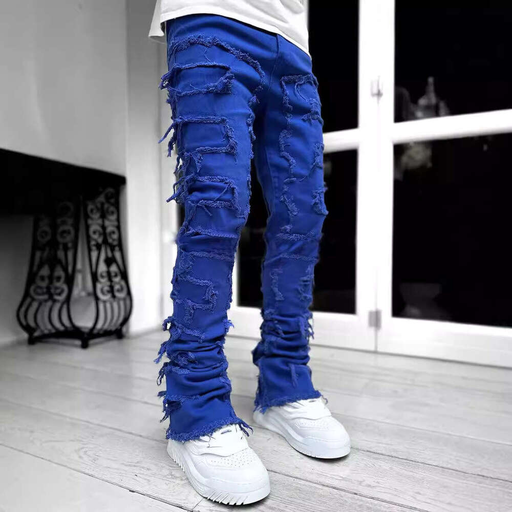 2025 Men's New Fashion Trend Patchwork Jeans Slim Fit Multicolor Stretch Flared Straight Pants