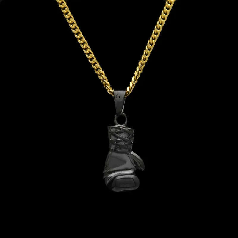 Mens Hip Hop Necklace Jewelry Stainless Steel Black Boxing Gloves Pendant Necklaces With 3mm*60cm Gold Cuban Chain 4a 04 60